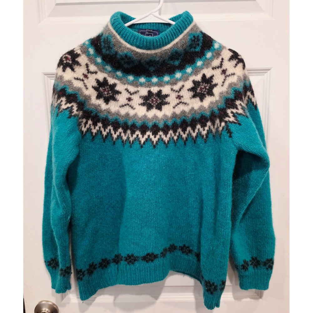 Woolrich Sweater Womens Large Teal Wool Fair Isle Vintage Boho Mock Neck Knit